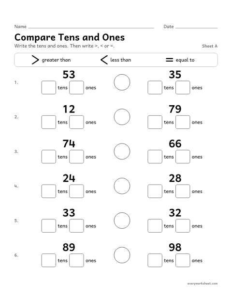 Preview of the printable “Compare tens and Ones, sheet A” worksheet: comparing two-digit numbers by their tens and ones