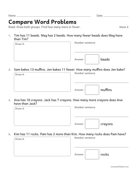 Preview of the printable “Compare word Problems, sheet A” worksheet: solving how many more and how many fewer word problems