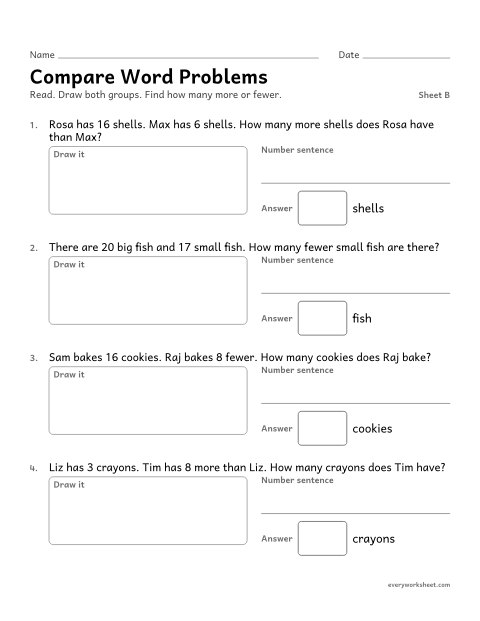 Preview of the printable “Compare word Problems, sheet B” worksheet: solving how many more and how many fewer word problems