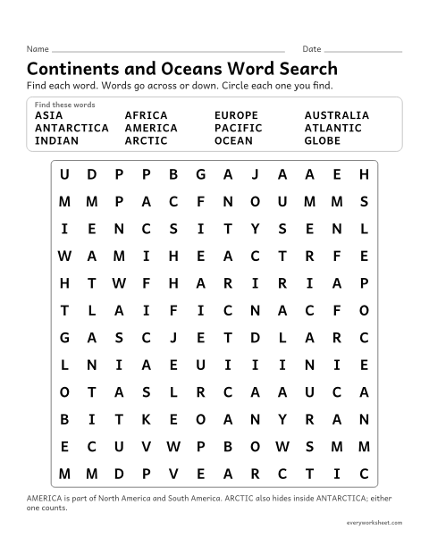 Preview of the printable “Continents and oceans word search” worksheet: reading and spelling continent and ocean names