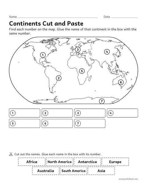 Preview of the printable “7 continents cut and paste worksheet” worksheet: labeling the 7 continents on a world map
