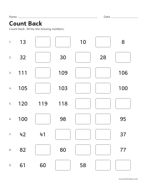 Preview of the printable “Count back” worksheet: counting back from any number within 120