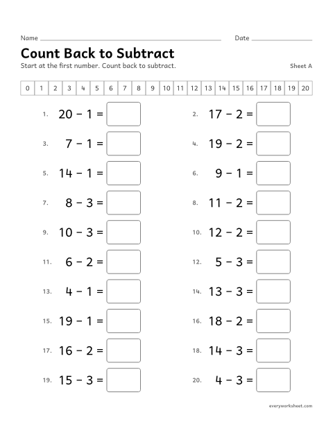 Preview of the printable “Count back to Subtract, sheet A” worksheet: counting back 1, 2 or 3 to subtract