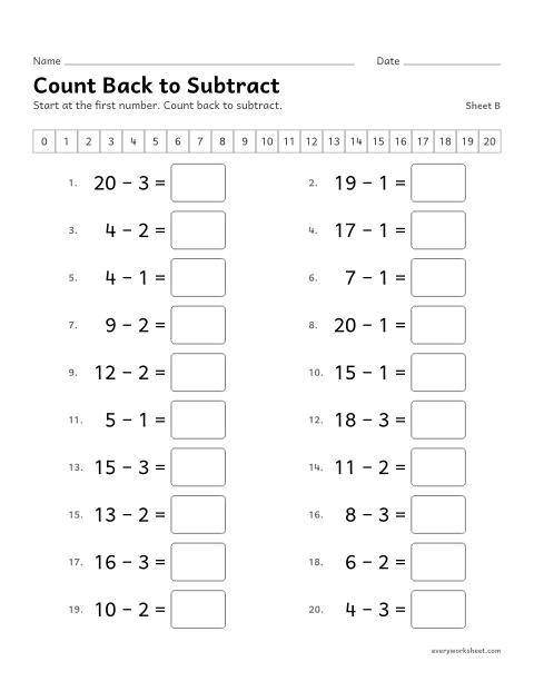 Preview of the printable “Count back to Subtract, sheet B” worksheet: counting back 1, 2 or 3 to subtract