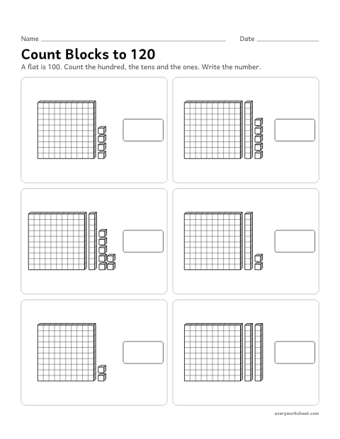 Preview of the printable “Count blocks to 120” worksheet: counting hundreds, tens and ones blocks to 120 and writing the number