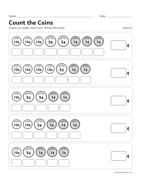 Preview of the printable “Count the Coins, sheet A” worksheet: counting dimes, nickels and pennies, biggest coins first