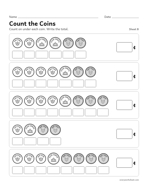 Preview of the printable “Count the Coins, sheet B” worksheet: counting real-looking coins with no labels: dimes, nickels and pennies