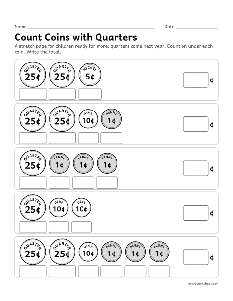 Preview of the printable “Count coins with quarters” worksheet: counting on from a quarter with dimes, nickels and pennies