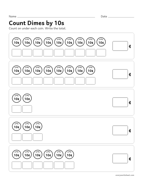 Preview of the printable “Count dimes by 10s” worksheet: counting dimes by tens