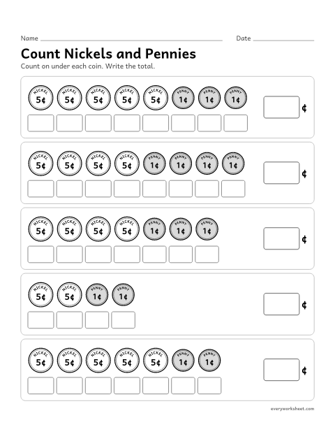 Preview of the printable “Count nickels and pennies” worksheet: counting on: nickels by fives, then pennies by ones