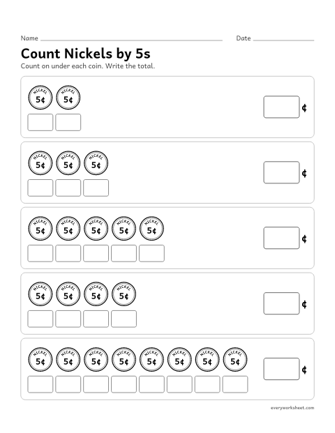 Preview of the printable “Count nickels by 5s” worksheet: counting nickels by fives