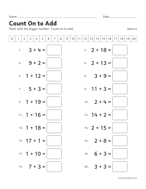 Preview of the printable “Count on to Add, sheet A” worksheet: counting on 1, 2 or 3 to add