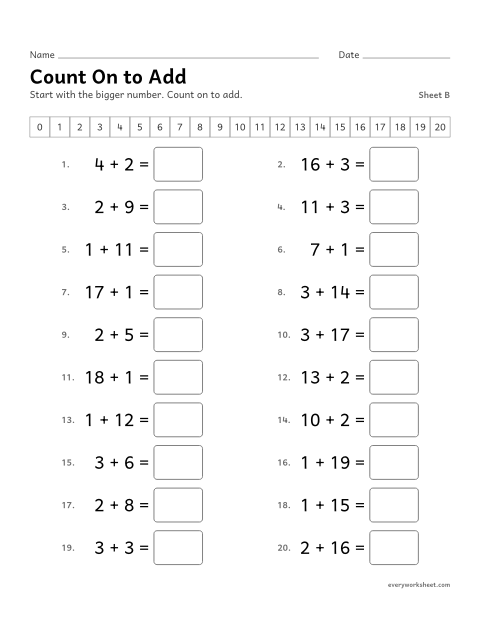 Preview of the printable “Count on to Add, sheet B” worksheet: counting on 1, 2 or 3 to add