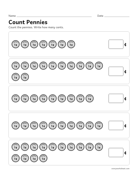 Preview of the printable “Count pennies” worksheet: counting pennies by ones