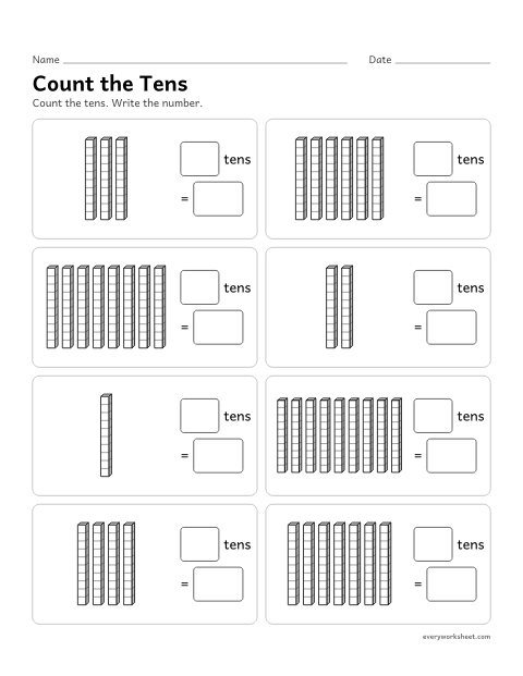 Preview of the printable “Count the tens” worksheet: naming 10, 20 ... 90 as tens and 0 ones