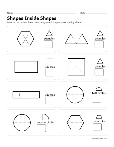 Preview of the printable “Shapes inside shapes” worksheet: finding the smaller shapes that make a bigger shape