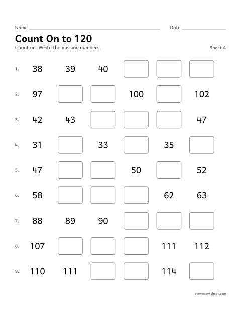 Preview of the printable “Count on to 120, sheet A” worksheet: counting on from any number to 120