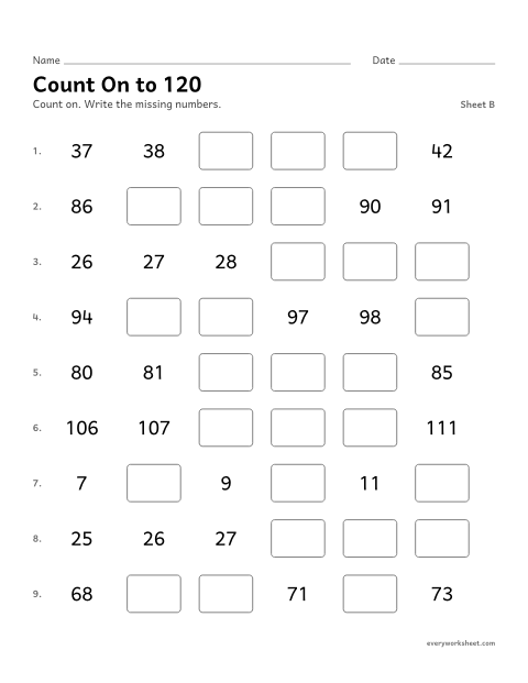 Preview of the printable “Count on to 120, sheet B” worksheet: counting on from any number to 120
