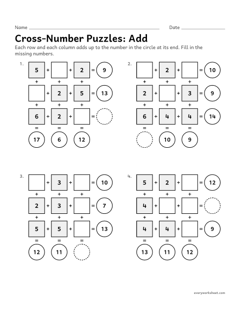 Preview of the printable “Cross-Number Puzzles: add” worksheet: adding three numbers across and down to complete cross-number puzzles