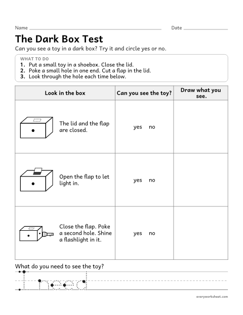 Preview of the printable “Dark box light investigation” worksheet: investigating that objects can be seen only when light shines on them