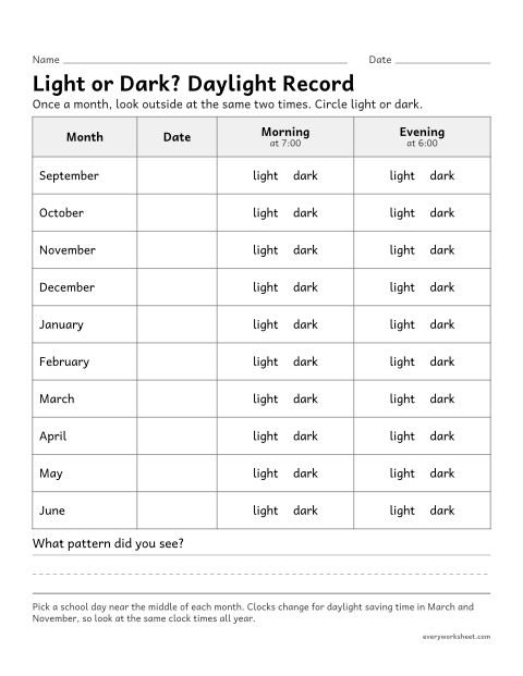 Preview of the printable “Daylight observation record sheet” worksheet: observing and recording daylight at different times of the year