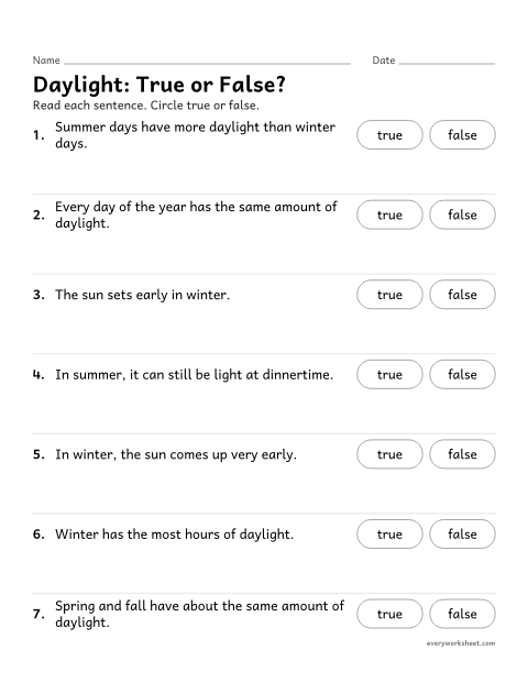 Preview of the printable “Seasons and daylight true or false” worksheet: checking facts about daylight in different seasons