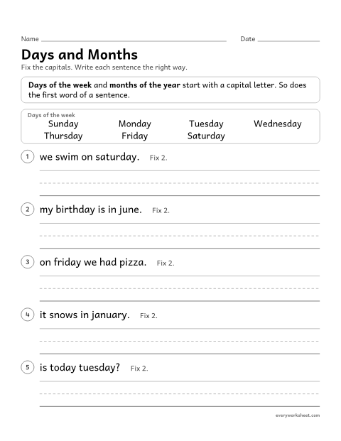 Preview of the printable “Days and months” worksheet: capitalizing the days of the week and the months of the year