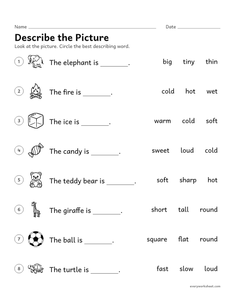 Preview of the printable “Describe the picture” worksheet: choosing an adjective that describes a picture