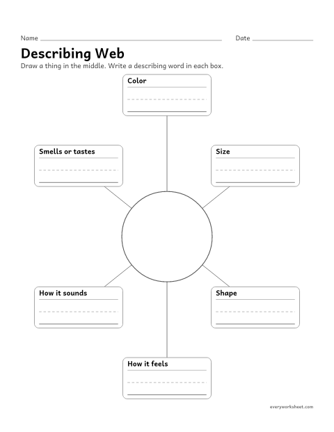 Preview of the printable “Describing web” worksheet: using adjectives to describe an object with the senses