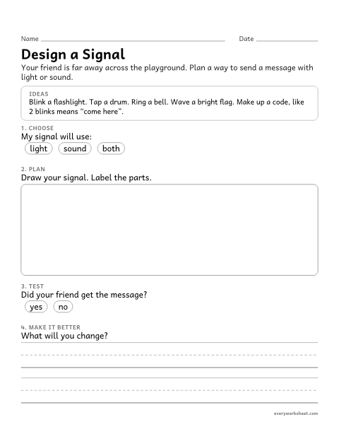 Preview of the printable “Design a signal engineering worksheet” worksheet: designing and testing a device that uses light or sound to send a message