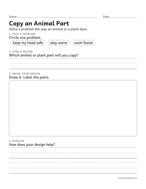 Preview of the printable “Design like an animal engineering worksheet” worksheet: designing a solution to a human problem by copying an animal or plant part