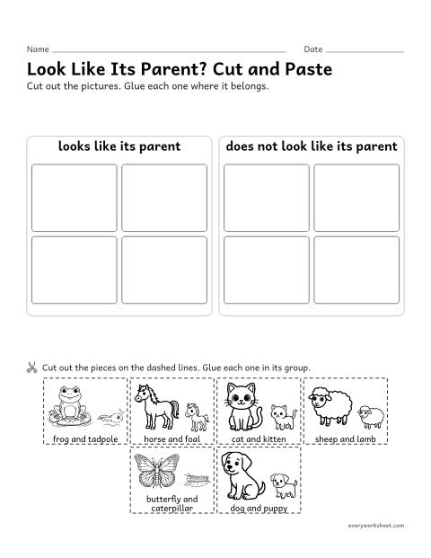Preview of the printable “Does the baby look like its Parent? cut and paste” worksheet: sorting young animals that do and do not look like their parents