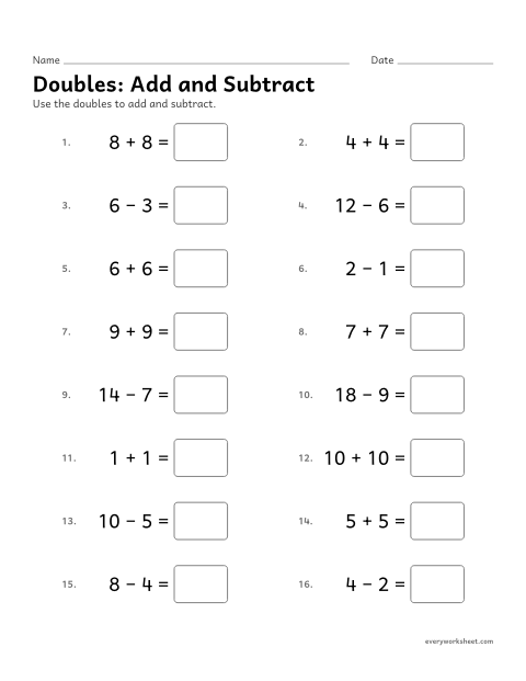 Preview of the printable “Doubles: add and subtract” worksheet: adding and subtracting with doubles