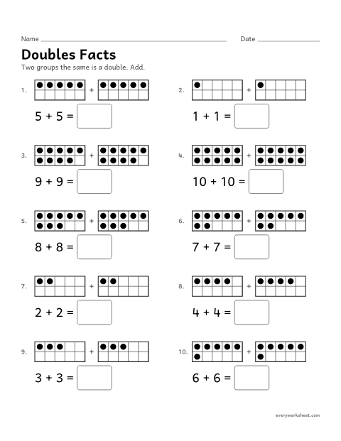 Preview of the printable “Doubles facts” worksheet: adding doubles from 1 + 1 to 10 + 10