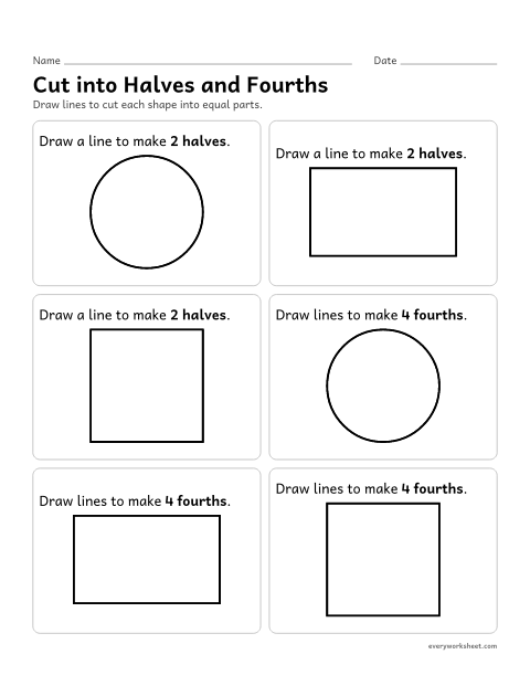 Preview of the printable “Cut into halves and fourths” worksheet: drawing lines to cut circles and rectangles into halves and fourths