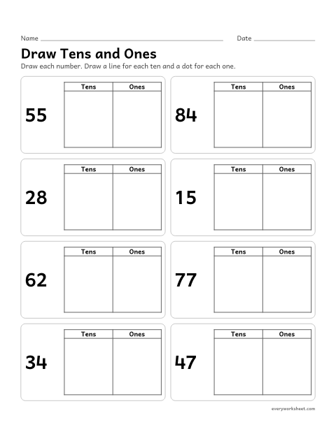 Preview of the printable “Draw tens and ones” worksheet: drawing a two-digit number as tens (lines) and ones (dots)