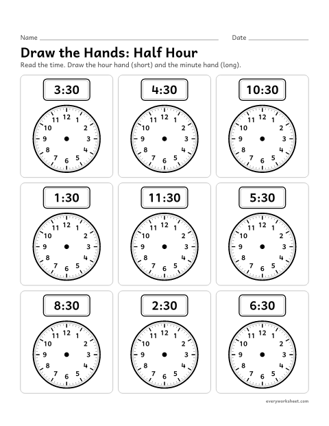 Preview of the printable “Draw the Hands: half hour” worksheet: drawing clock hands to show a time to the half hour