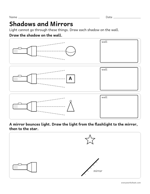 Preview of the printable “Shadows and mirrors worksheet” worksheet: drawing shadows made by opaque objects and the path of light off a mirror