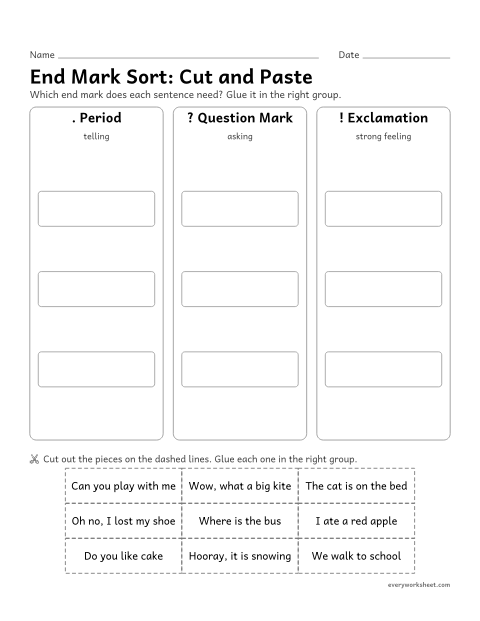 Preview of the printable “End mark Sort: cut and paste” worksheet: sorting sentences by the end mark they need