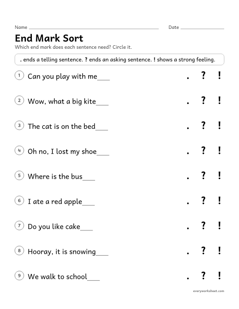 Preview of the printable “End mark sort” worksheet: sorting sentences by the end mark they need