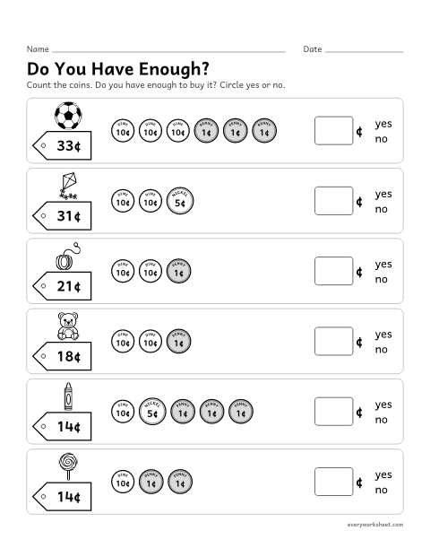 Preview of the printable “Do you have Enough?” worksheet: counting coins and comparing the total to a price