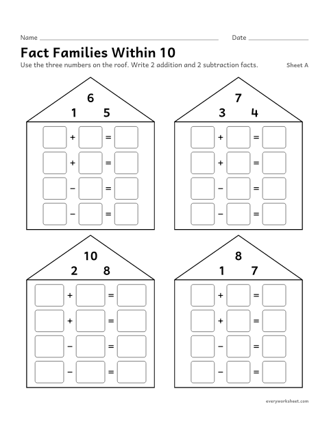 Preview of the printable “Fact families within 10, sheet A” worksheet: writing the four facts of a fact family within 10