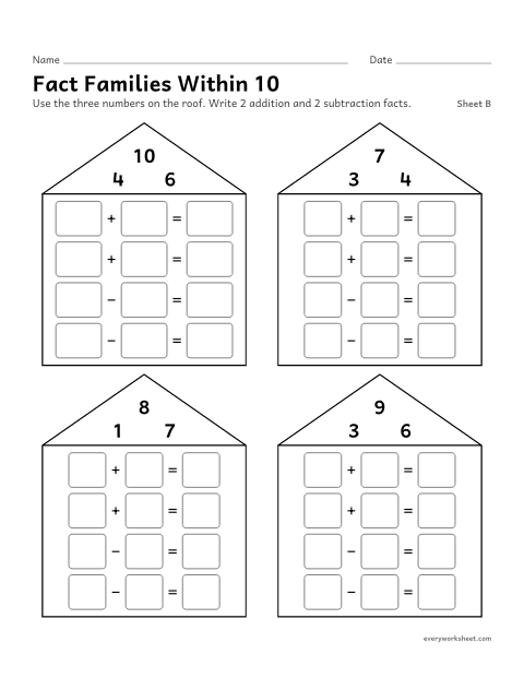 Preview of the printable “Fact families within 10, sheet B” worksheet: writing the four facts of a fact family within 10