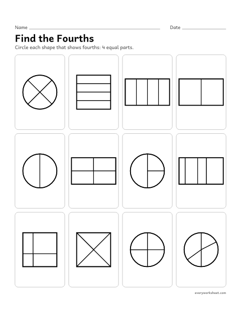 Preview of the printable “Find the fourths” worksheet: finding shapes cut into four equal shares (fourths)