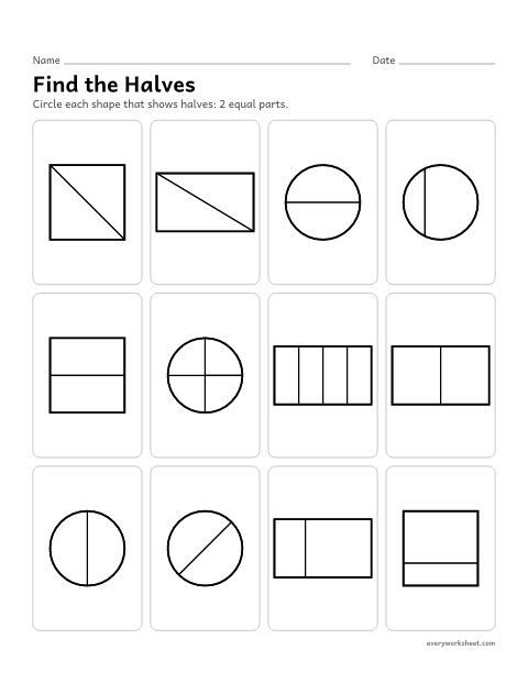 Preview of the printable “Find the halves” worksheet: finding shapes cut into two equal shares (halves)
