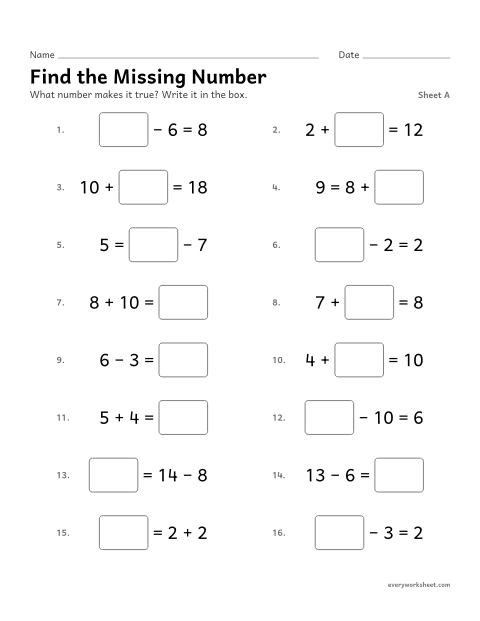 Preview of the printable “Find the missing Number, sheet A” worksheet: finding the unknown number in any place in an equation