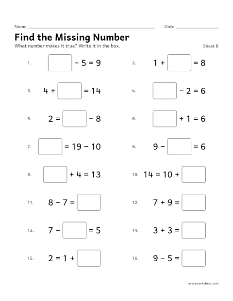 Preview of the printable “Find the missing Number, sheet B” worksheet: finding the unknown number in any place in an equation