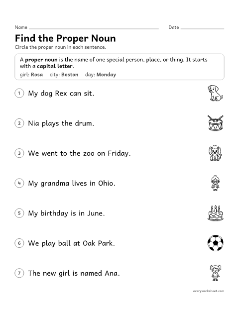 Preview of the printable “Find the proper noun” worksheet: finding the proper noun (a special name) in a sentence