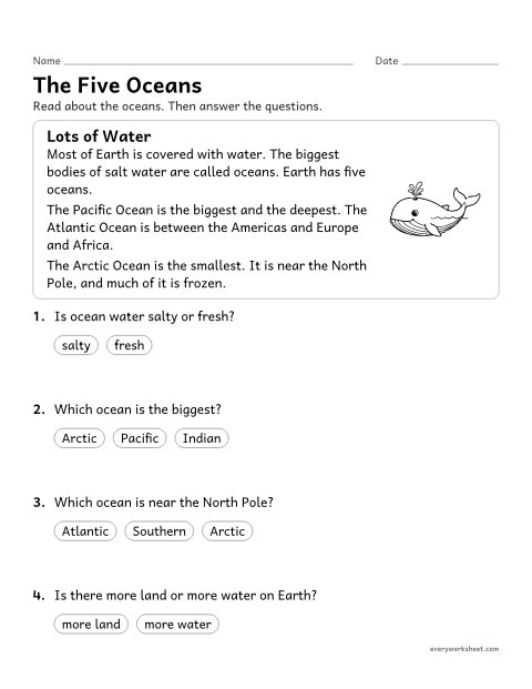 Preview of the printable “The 5 oceans reading passage” worksheet: reading facts about the 5 oceans