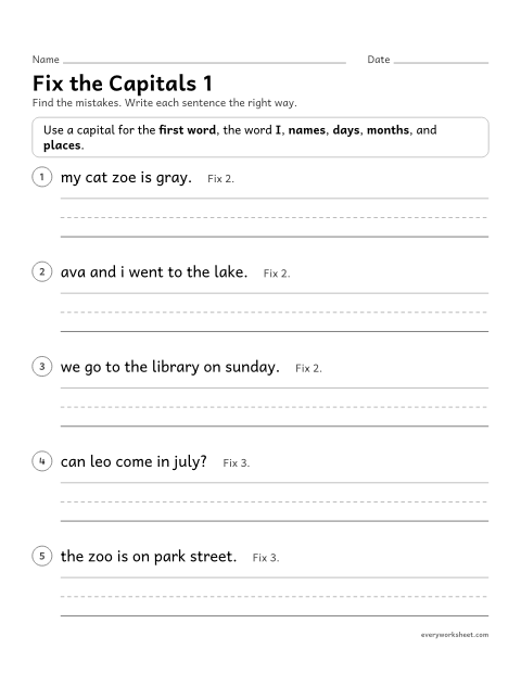 Preview of the printable “Fix the capitals 1” worksheet: correcting capital letters in sentences